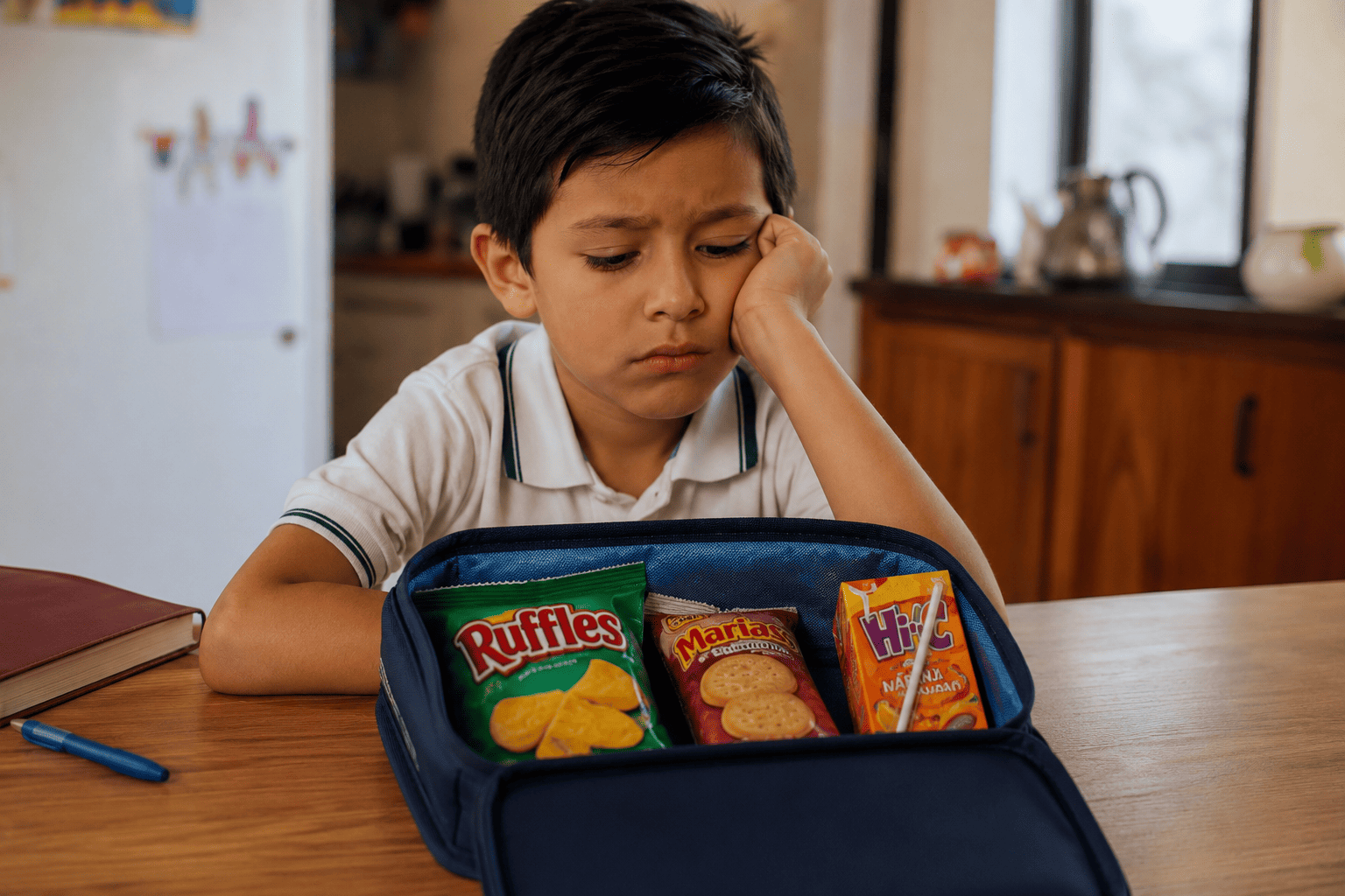 Niño triste con comida chatarra